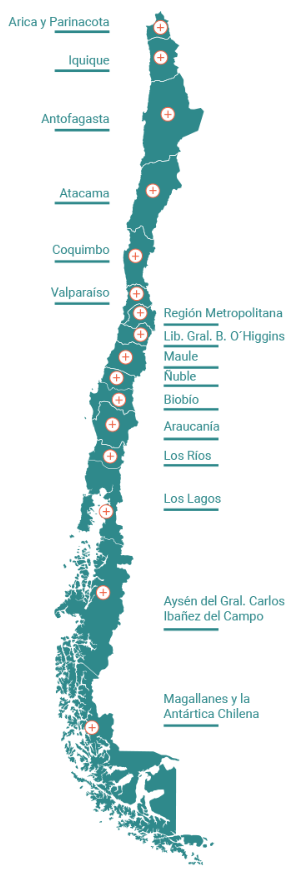 Mapa de Chile de los planes de accion regional de cambio climatico